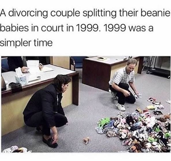 divorcing couple beanie babies - A divorcing couple splitting their beanie babies in court in 1999. 1999 was a simpler time