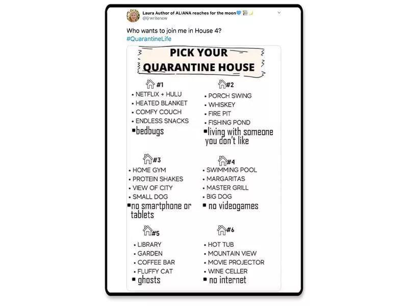 number - Laura Author of Aliana reaches for the moon clrwritenow Who wants to join me in House 4? Pick Your Quarantine House 3 Netflix Hulu Heated Blanket .Comfy Couch Endless Snacks bedbugs In Porch Swing Whiskey Fire Pit Fishing Pond living with someone