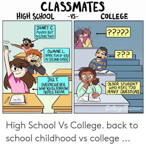 college vs high school meme - Classmates High School Vs College Janet C Funny But Distracting ????? Dwayne L. Made Fun Of You In Second Grade |??? Jilt Overachiever Who You'Ll Borrow Notes From Older Student Who Asks Too Many Questions CollegeHumor High S
