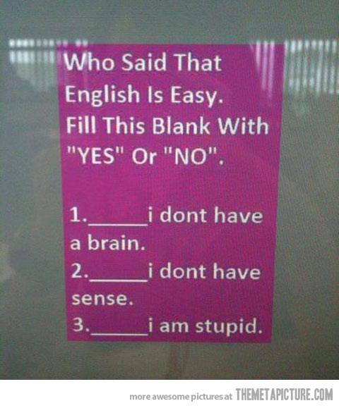 simple english memes - Who Said That English Is Easy. Fill This Blank With "Yes" Or "No". 1. i dont have a brain 2. i dont have sense. i am stupid. 3. more awesome pictures at Themetapicture.Com