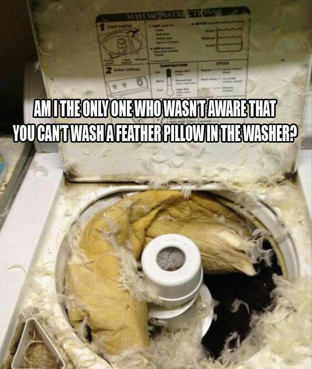 laundry fails - Mayta Instre Silons Amithe Only One Who Wasntaware That You Cant Wash A Feather Pillow In The Washer! O