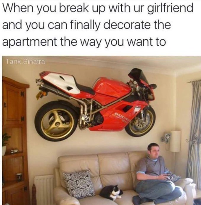 motorcycle in living room - When you break up with ur girlfriend and you can finally decorate the apartment the way you want to Tank Sinatra Duca
