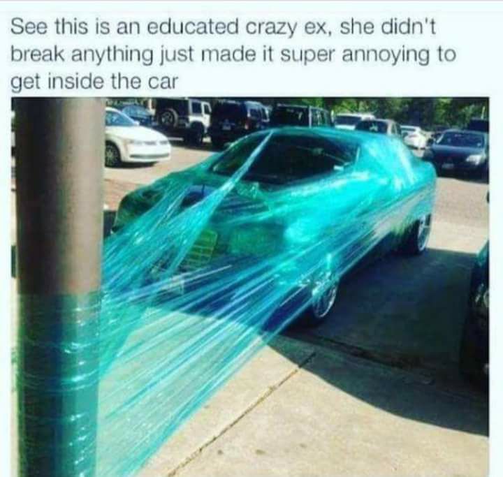 Humour - See this is an educated crazy ex, she didn't break anything just made it super annoying to get inside the car