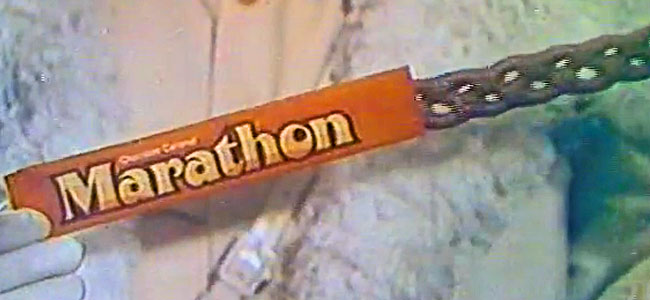 it was a full eight inches of braided caramel covered in milk chocolate. It was marketed as “the candy bar you can't eat quickly” in commercials by some kind of a cowboy guy