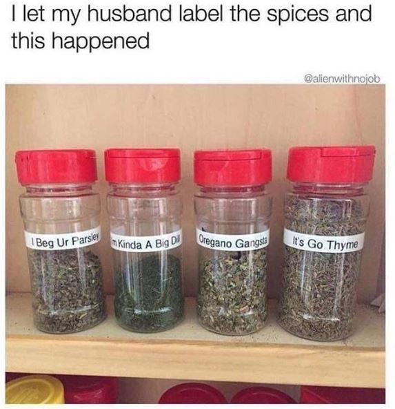 let my husband label the spices - I let my husband label the spices and this happened Beg Ur Parsley n Kinda A Big Dil Oregano Gangsta It's Go Thyme