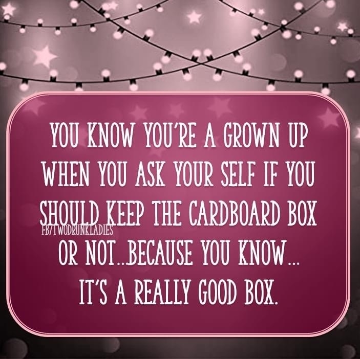 banner - You Know You'Re A Grown Up When You Ask Your Self If You Should Keep The Cardboard Box Or Not... Because You Know... It'S A Really Good Box. Fbziwodrunkladies