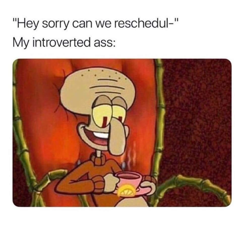 introvert memes - "Hey sorry can we reschedul" My introverted ass
