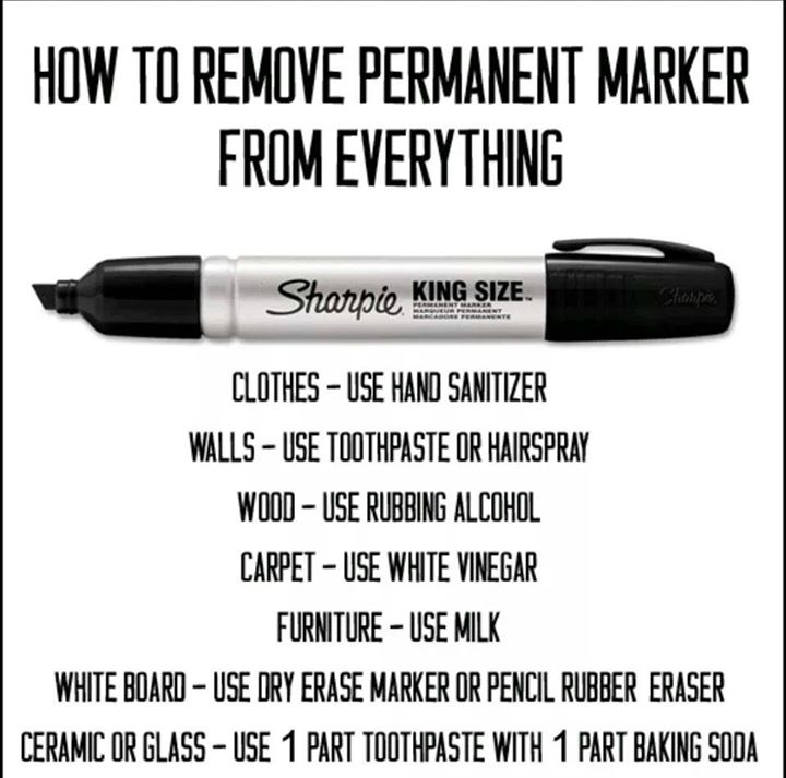 permanent marker removal - How To Remove Permanent Marker From Everything Sharpie King Size. Clothes Use Hand Sanitizer Walls Use Toothpaste Or Hairspray Wood Use Rubbing Alcohol Carpet Use White Vinegar Furniture Use Milk White Board Use Dry Erase Marker