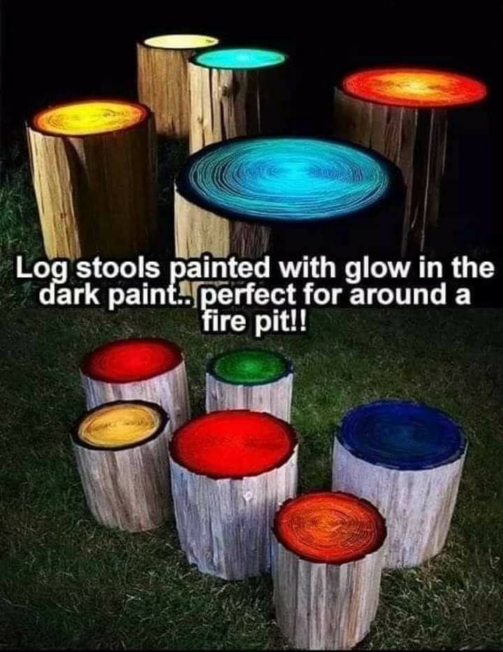 krylon glow in the dark spray paint - Log stools painted with glow in the dark paint.. perfect for around a fire pit!!