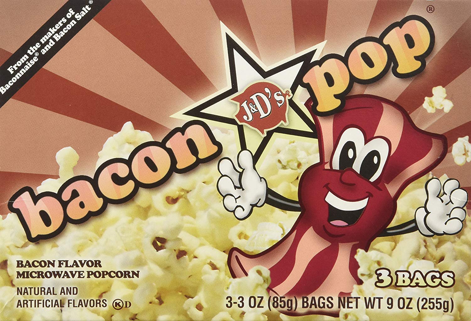 Popcorn - From the makers of Baconnaise and Bacon Salt no bacon, pop Bacon Flavor Microwave Popcorn Natural And Artificial Flavors D 3 Bags 33 Oz 859 Bags Net Wt 9 Oz 2559