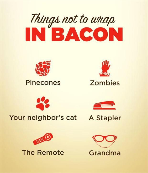 bacon funny - Things not to wrap In Bacon ww Pinecones Zombies Your neighbor's cat A Stapler The Remote Grandma