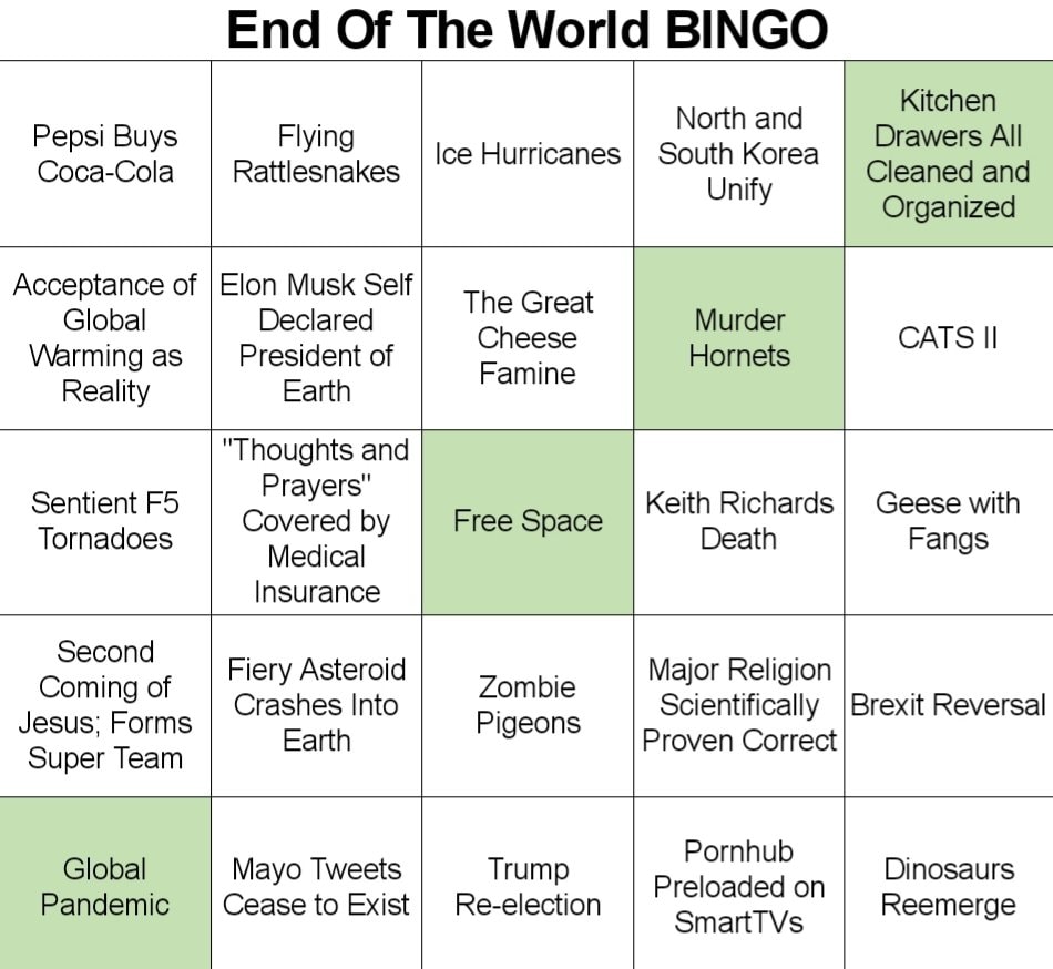 angle - End Of The World Bingo Pepsi Buys CocaCola Flying Rattlesnakes North and Ice Hurricanes South Korea Unify Kitchen Drawers All Cleaned and Organized The Great Cheese Famine Murder Hornets Cats Ii Acceptance of Elon Musk Self Global Declared Warming