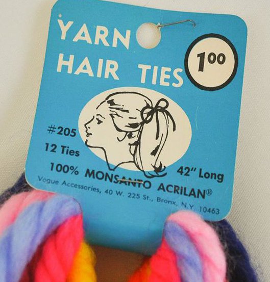 label - Yarn Hair Ties 100 12 Ties 42" Long 100% Monsanto Acrilan Vogue Accessories, 40 W. 225 St., Bronx, Ny 10463