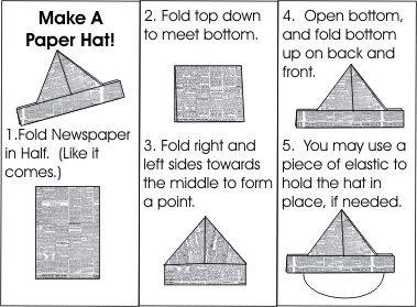 make a newspaper pirate hat - Make A Paper Hat! 2. Fold top down 4. Open bottom, to meet bottom. and fold bottom up on back and front. 1. Fold Newspaper in Half. it comes. 3. Fold right and 5. You may use a left sides towards piece of elastic to the middl