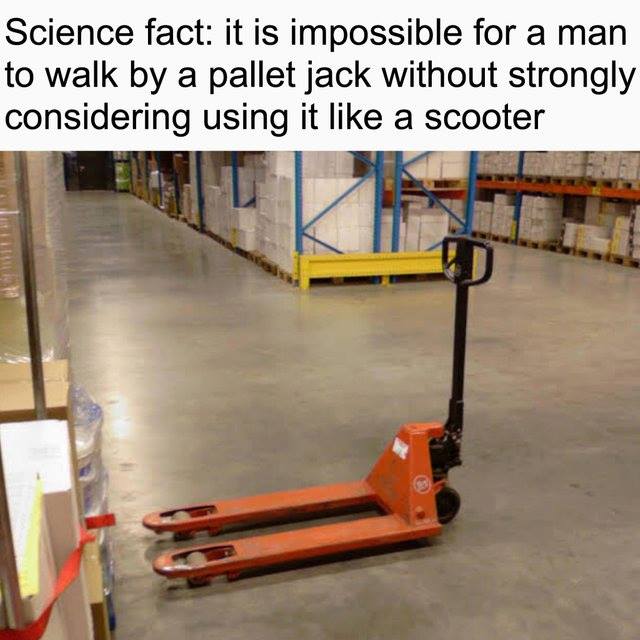 pallet jack memes - Science fact it is impossible for a man to walk by a pallet jack without strongly considering using it a scooter