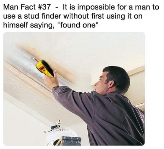 stud finder meme - Man Fact It is impossible for a man to use a stud finder without first using it on himself saying, "found one"
