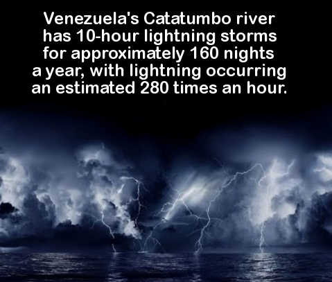 natural phenomena - Venezuela's Catatumbo river has 10hour lightning storms for approximately 160 nights a year, with lightning occurring an estimated 280 times an hour.