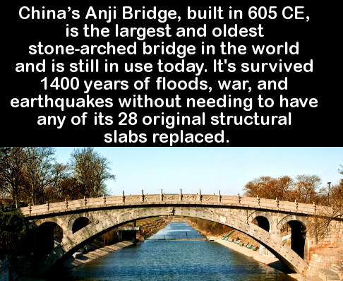 anji bridge facts - China's Anji Bridge, built in 605 Ce, is the largest and oldest stonearched bridge in the world and is still in use today. It's survived 1400 years of floods, war, and earthquakes without needing to have any of its 28 original structur
