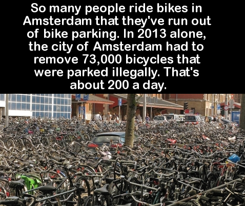 amsterdam bike parking - So many people ride bikes in Amsterdam that they've run out of bike parking. In 2013 alone, the city of Amsterdam had to remove 73,000 bicycles that were parked illegally. That's about 200 a day.