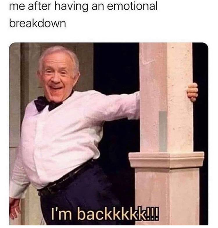 leslie jordan memes - me after having an emotional breakdown I'm backkkkk!!!