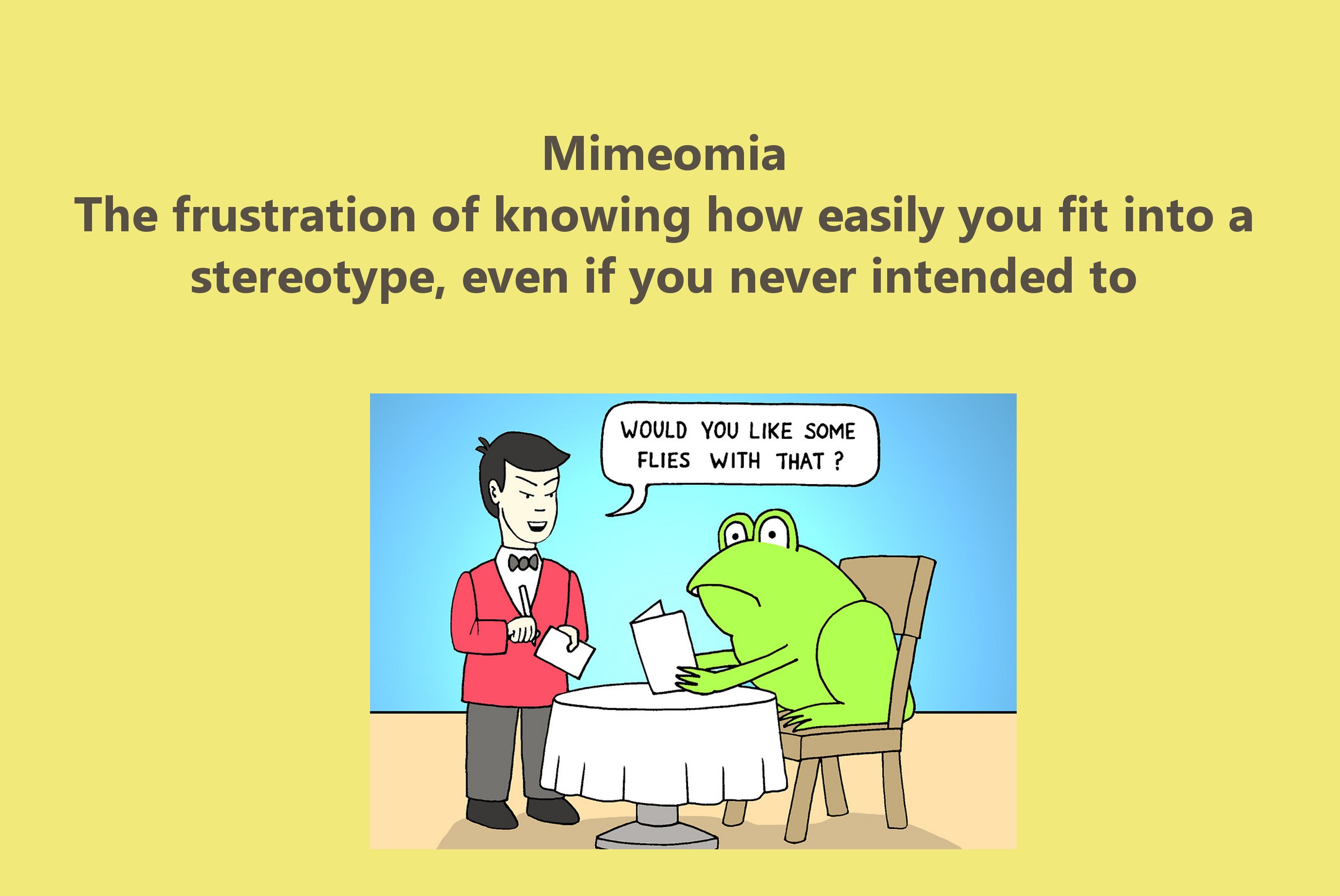 cartoon - Mimeomia The frustration of knowing how easily you fit into a stereotype, even if you never intended to Would You Some Flies With That ?