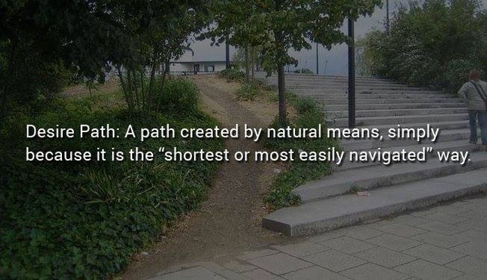 Name - Desire Path A path created by natural means, simply because it is the shortest or most easily navigated" way.