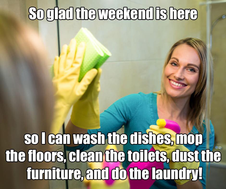 funny meme - So glad the weekend is here so I can wash the dishes, mop the floors, clean the toilets, dust the furniture, and do the laundry!