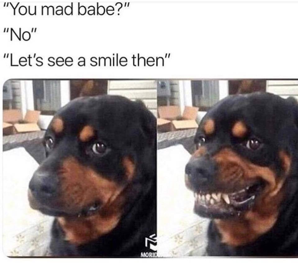 you mad babe meme - "You mad babe?" "No" "Let's see a smile then" V2 Morid