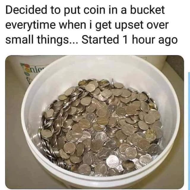 decided to put a coin - Decided to put coin in a bucket everytime when i get upset over small things... Started 1 hour ago nic