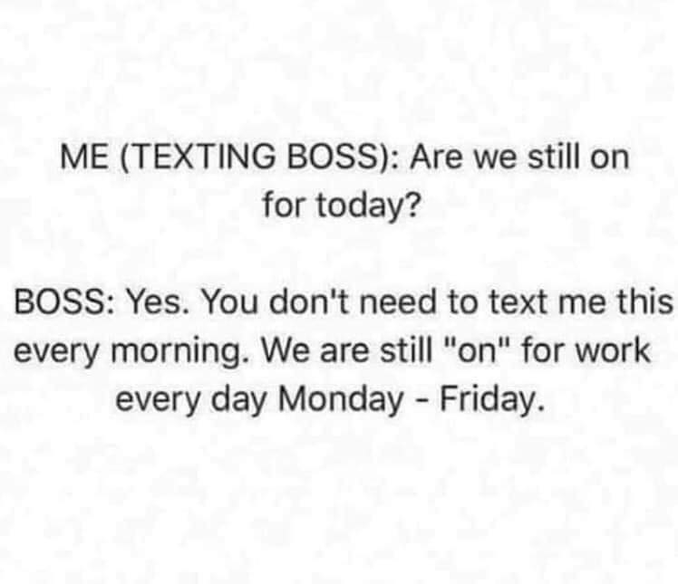 handwriting - Me Texting Boss Are we still on for today? Boss Yes. You don't need to text me this every morning. We are still "on" for work every day Monday Friday.