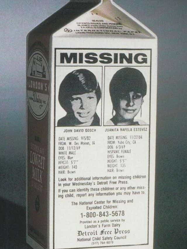 missing child milk carton - Sad Lara Q Missing Daily John David Gosch Juanita Rafela Estevez Date Missing 9582 Date Wussing 112784 From W. Des Moines, Ia From YoGACA Dob 111269 009 6369 White Male Hispanic Female Eyes. Bio Eyes Brown Mech 57" Height 550 W