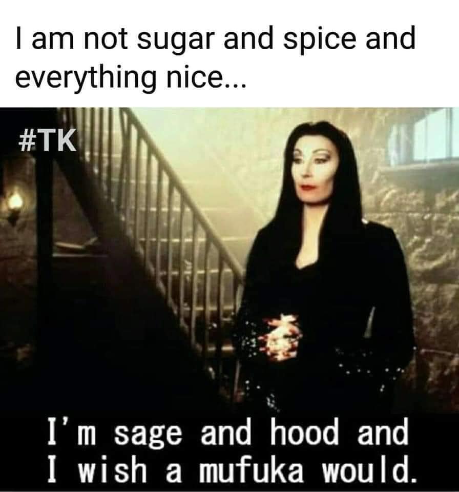 some girls are sugar and spice meme - I am not sugar and spice and everything nice... I'm sage and hood and I wish a mufuka would.