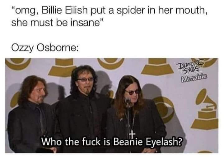 billie eilish ozzy osbourne memes - "omg, Billie Eilish put a spider in her mouth, she must be insane" Ozzy Osborne Deathcore Snoby Mmabie Who the fuck is Beanie Eyelash?