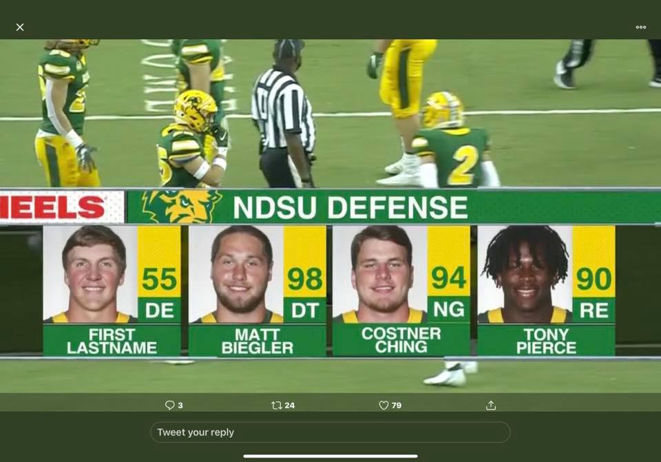 player - Odo 2 Ieels Landsu Defense 94 55 De First Lastname 98 Dt Matt Biegler Ng Costner Ching 90 Re Tony Pierce t2 24 79 Tweet your