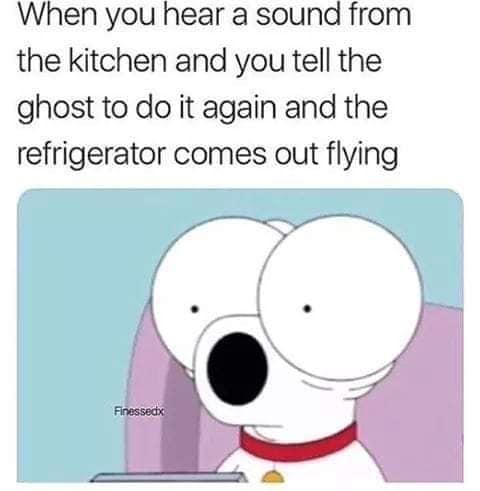 you hear a noise from the kitchen - When you hear a sound from the kitchen and you tell the ghost to do it again and the refrigerator comes out flying Finessedx