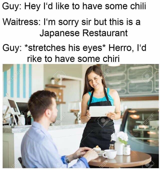 funny - Guy Hey I'd to have some chili Waitress I'm sorry sir but this is a Japanese Restaurant Guy stretches his eyes Herro, I'd rike to have some chiri Ps Bre 123RF Tere