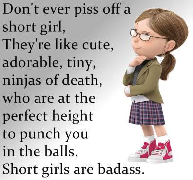 funny short girl quotes - Don't ever piss off a short girl, They're cute, adorable, tiny, ninjas of death, who are at the perfect height to punch you in the balls. Short girls are badass.