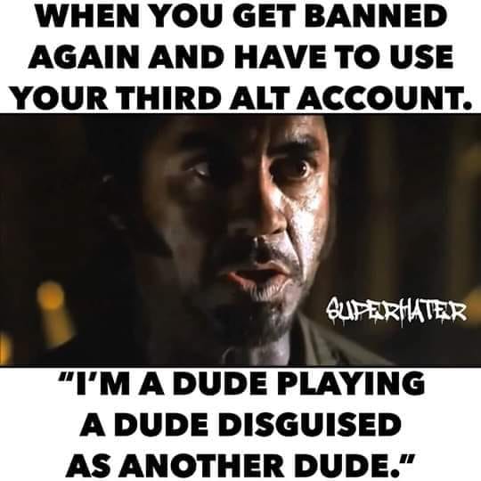 facebook alternate account memes - When You Get Banned Again And Have To Use Your Third Alt Account. Superhater "I'M A Dude Playing A Dude Disguised As Another Dude."