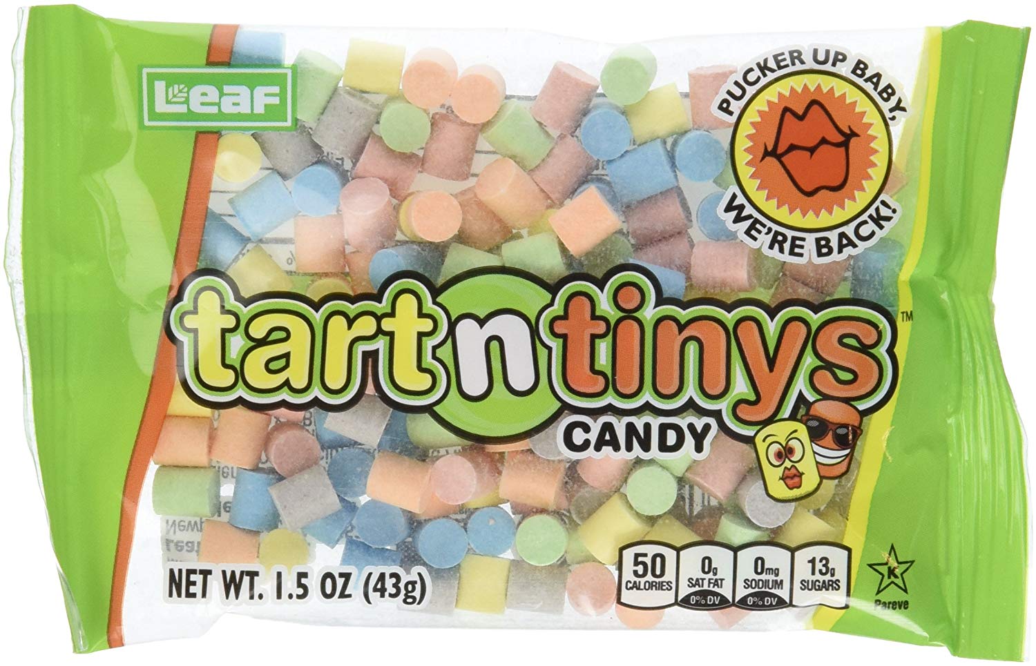 tart n tinys - Up Lear Pucker Baby We'Re Back! Tm tart ntinys Candy Cigu 16 Mgmf t's 50 0. Omg 13, Net Wt. 1.5 Oz 43g Calories Sugars Sat Fat 0% Dv Sodium 0% Dv Dareve