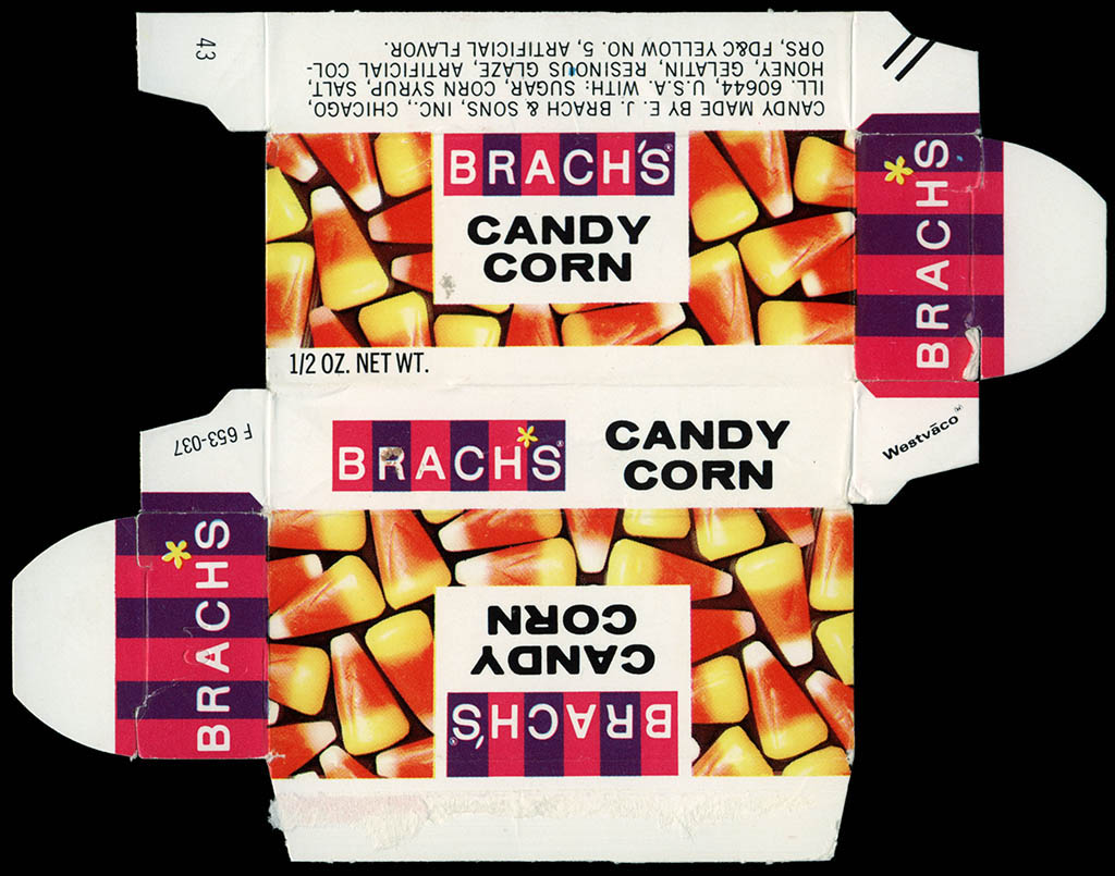 vintage candy corn - Brach'S Candy Corn Brachs Nyo SHOVua Aanvo F 653037 Imien "Zo Zit Brachs Nuo Aonvo SHOVua Candy Made By E. J. Brach & Sons, Inc., Chicago, Ill. 60644, U.S.A. With Sugar, Corn Syrup, Salt, Honey, Gelatin, Resinous Glaze, Artificial Col