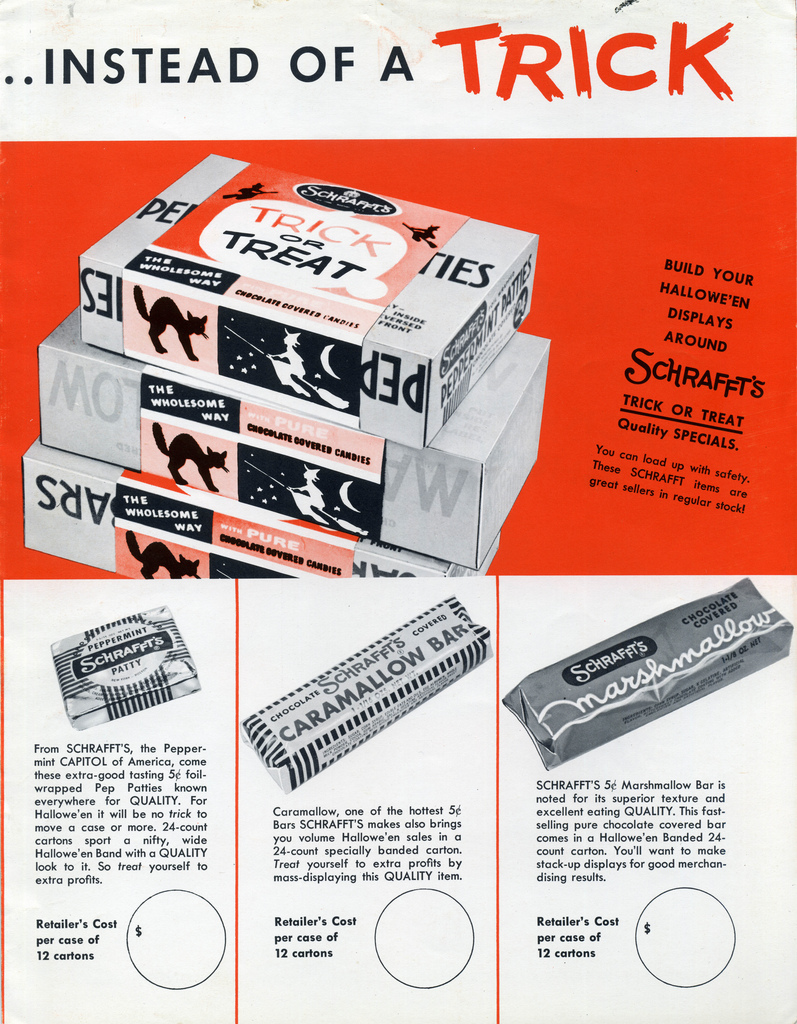 1960's halloween candy ads - ..Instead Of A Trick Sed Teek Nies Treat Shad Mos Build Tour Halloween Displays Around Schraffi'S Wome Han Trick Or That Quality Specials save Whoresons An Scaryo Hrafts Sobratite marshmallow Caramallow Bard From Charts, the P