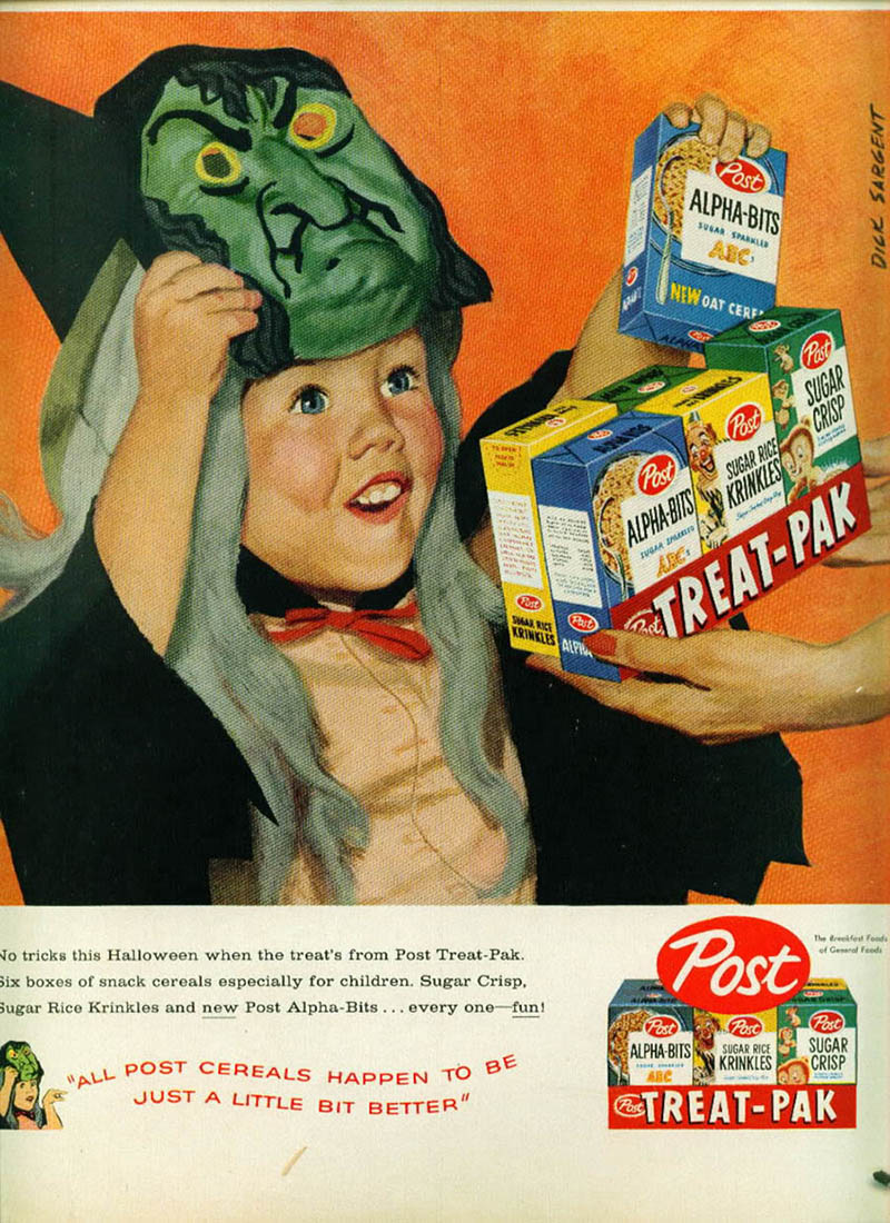 old halloween ads - Post AlphaBits Alc Dile Sargent Susar Salud New Oat Cere Sugar Mo Post Post Mall Post Cereals Happen To Be No tricks this Halloween when the treat's from Post TreatPak. Six boxes of snack cereals especially for children. Sugar Crisp. S