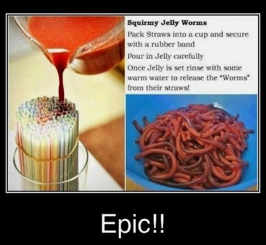 make jello worms - Squirmy Jelly Worms Pack Straws into a cup and secure with a rubber band Pour in Jelly carefully Once Jelly is set rinse with some warm water to release the "Worms" from their straws! Epic!!