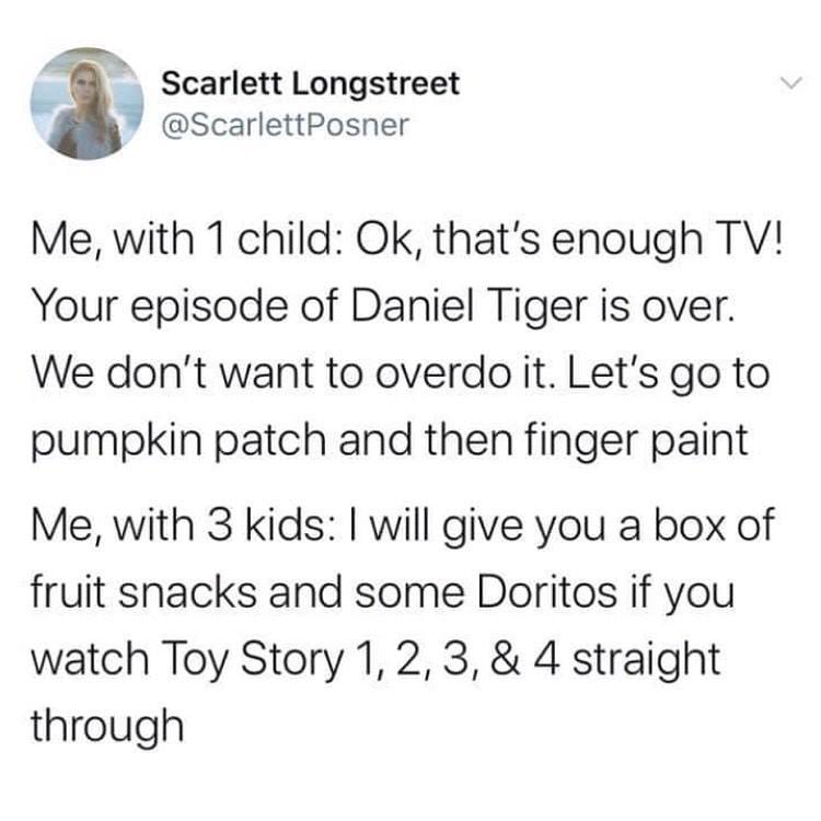 1 peter 3 3 4 - Scarlett Longstreet Me, with 1 child Ok, that's enough Tv! Your episode of Daniel Tiger is over. We don't want to overdo it. Let's go to pumpkin patch and then finger paint Me, with 3 kids I will give you a box of fruit snacks and some Dor