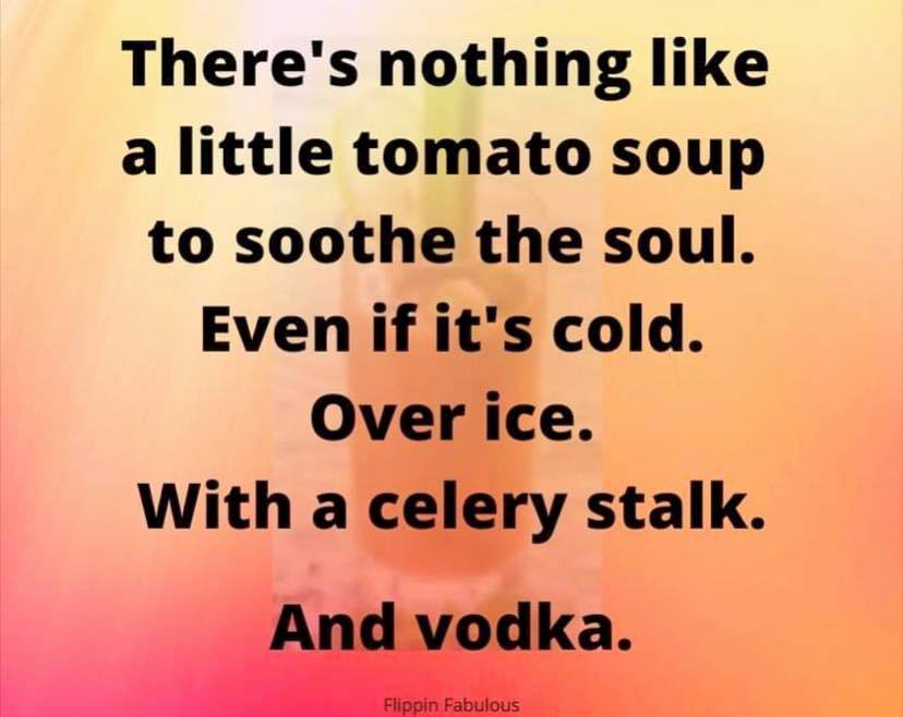 Tomato soup - There's nothing a little tomato soup to soothe the soul. Even if it's cold. Over ice. With a celery stalk. And vodka. Flippin Fabulous
