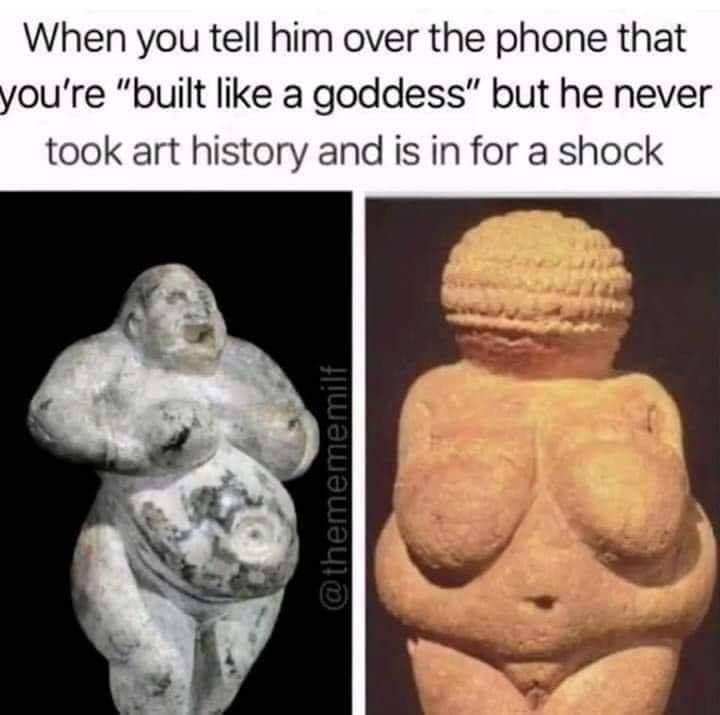 built like a goddess meme - When you tell him over the phone that you're "built a goddess" but he never took art history and is in for a shock