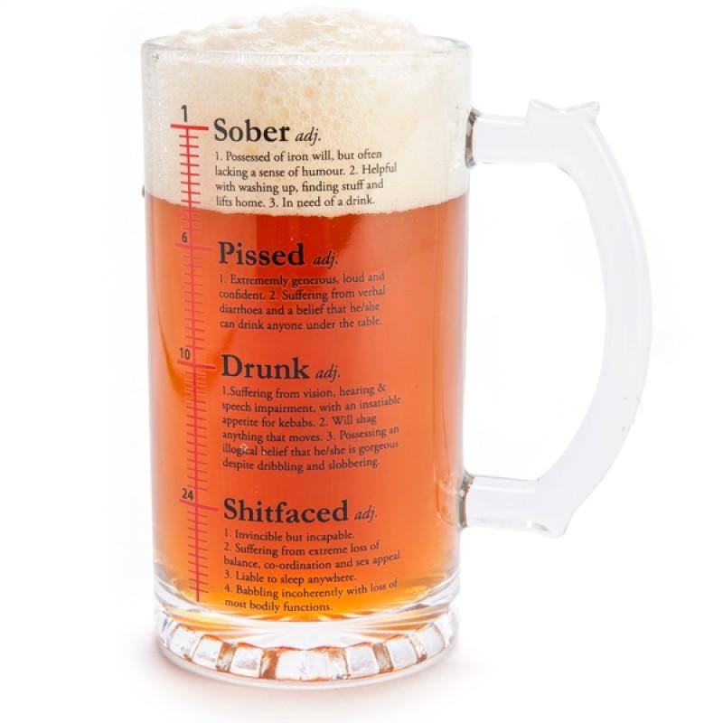 Beer stein - Sober adj. Pissed adj. speech impairment, with an insatiable 4. Babbling incoherently with loss of 1. Possessed of iron will, but often lacking a sense of humour. 2. Helpful with washing up, finding stuff and lifts home. 3. In need of a drink