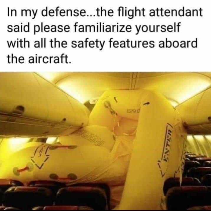 airplane emergency exit fail - In my defense...the flight attendant said please familiarize yourself with all the safety features aboard the aircraft. Enten