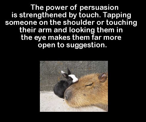 goodbye - The power of persuasion is strengthened by touch. Tapping someone on the shoulder or touching their arm and looking them in the eye makes them far more open to suggestion.