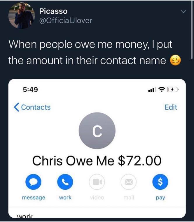 screenshot - Picasso When people owe me money, I put the amount in their contact name Contacts Edit Chris Owe Me $72.00 $ message work Video mail pay work